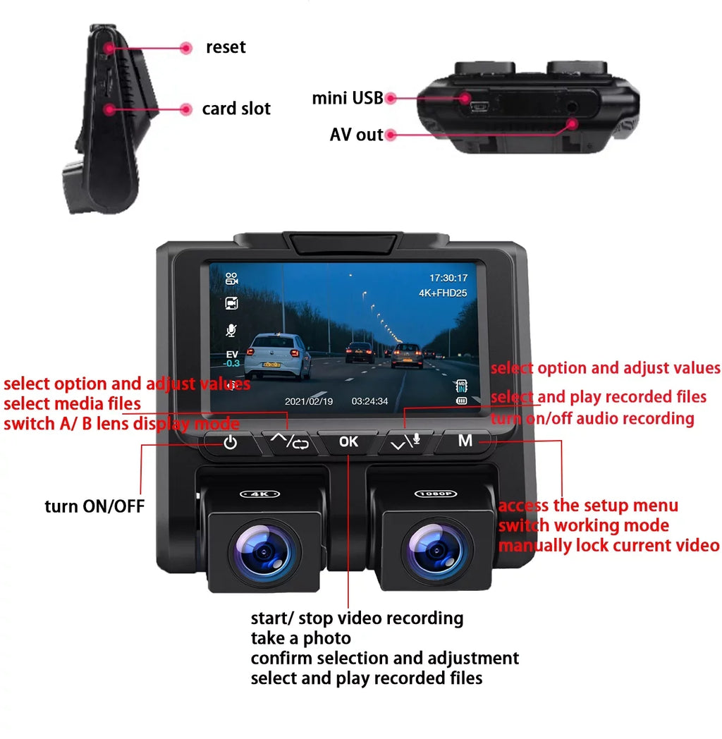Parking Car Screen Front 3" 4K+1080P TOGUARD G-Sensor Loop Mode Inside and Camera LCD Cam Dash Dash 4K Recording Camera
