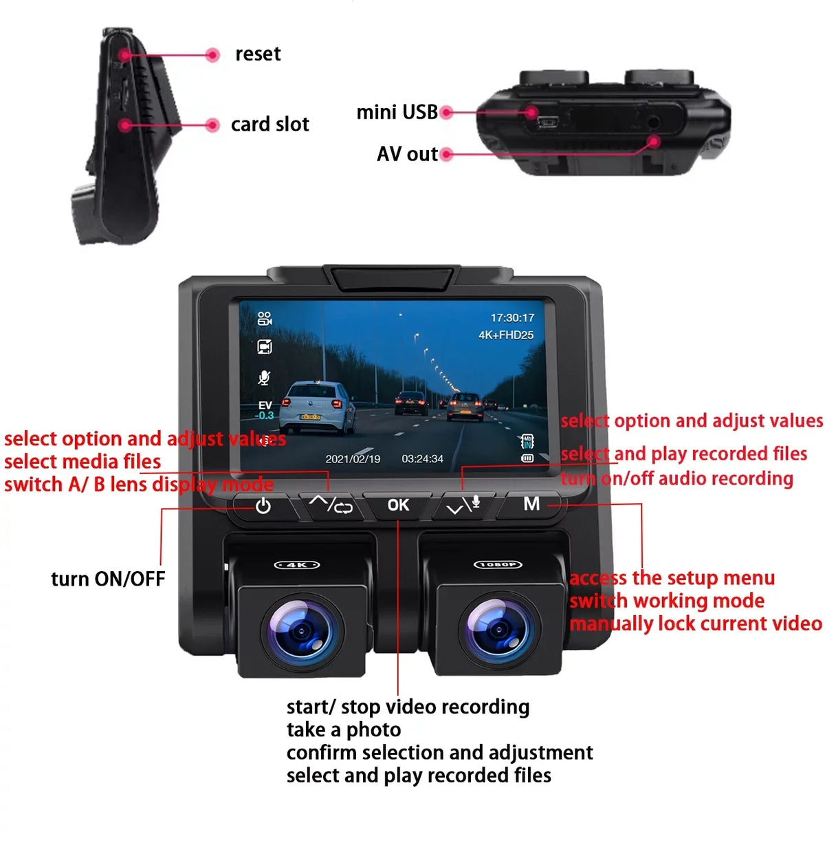 Parking Car Screen Front 3" 4K+1080P TOGUARD G-Sensor Loop Mode Inside and Camera LCD Cam Dash Dash 4K Recording Camera