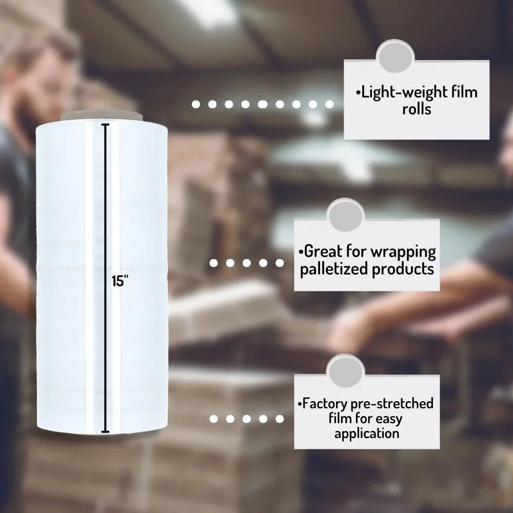 for Shrink Rolls 3" x 256 Wrap 1476' Clear, Core SSBM Bundling Hand 15" Pallets, Warehouse, 30 Wrapping Gauge, Film Merchandise, Plastic Pre-Stretch