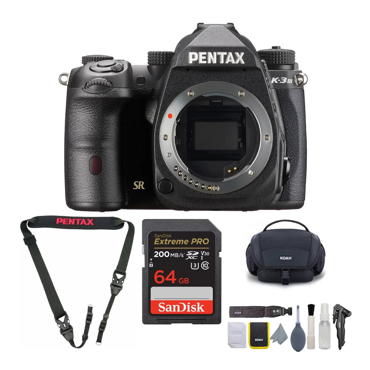 SD (Black) Card & Camera K-3 64GB with Kit, Mark Strap, Body Cleaning III Pentax