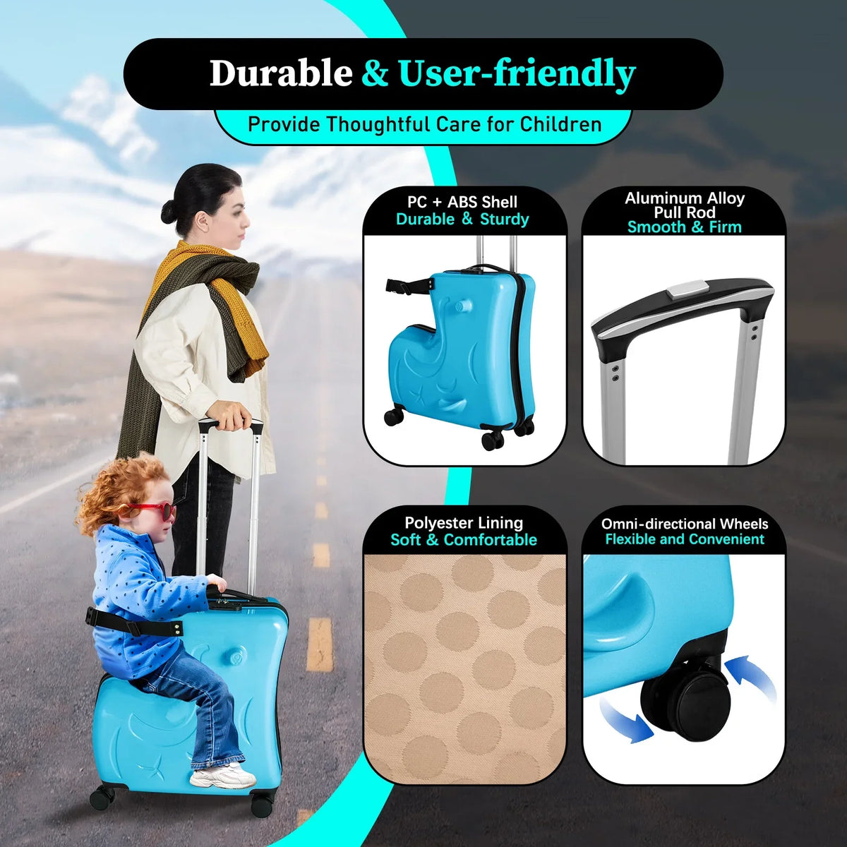 20" Spinner Suitcase AIQIDI Ride Kids Horse Luggage Shape On Travel Trolley Portable Wheels Blue Suitcase, Kids