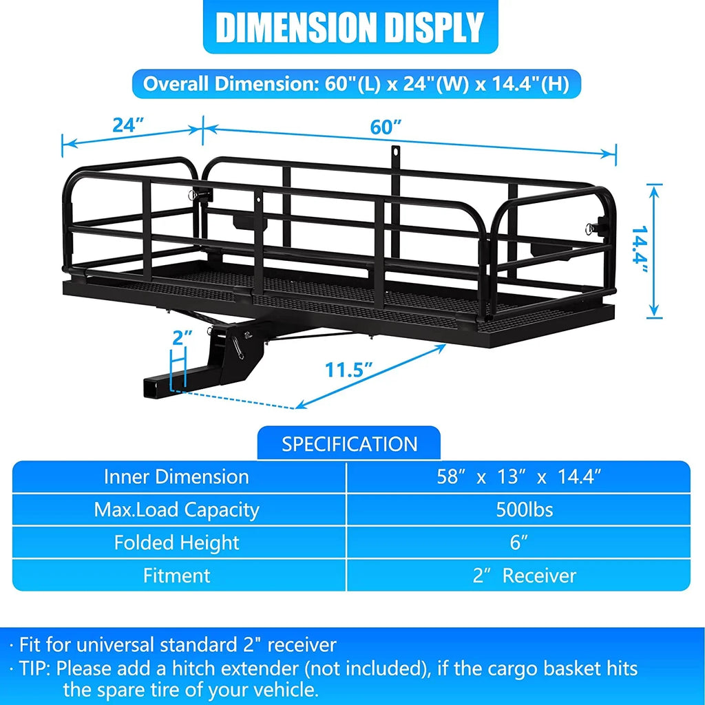 24" 2" Duty Carrier Hitch Camping Receiver WAGEE 500 14.4" Cargo 60" Luggage Basket for x Mount Folding SUV Cargo Lbs Car Rack Fits Traveling Heavy Rear x