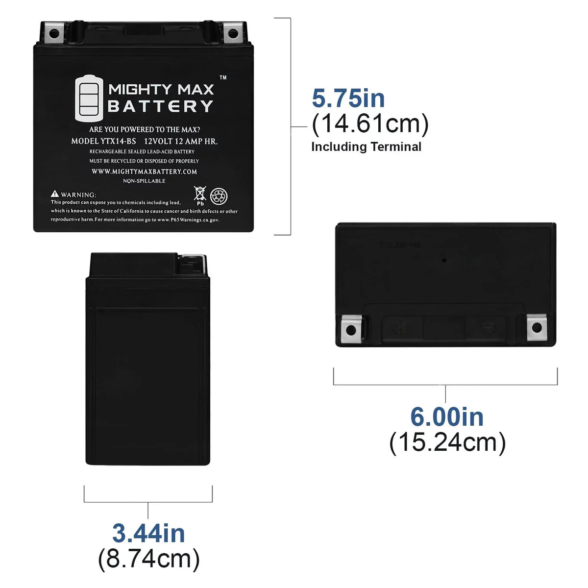 Battery CTX14-BS YTX14-BS Ninja for ZX-12R Replacement Kawasaki 2000-05
