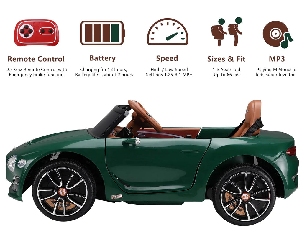 on Age Car Licensed Ride Boys 3+, Official Electric Remote Girls Ride for Music, with Car, Control, Car LISUEYNE on Bentley 12V Green