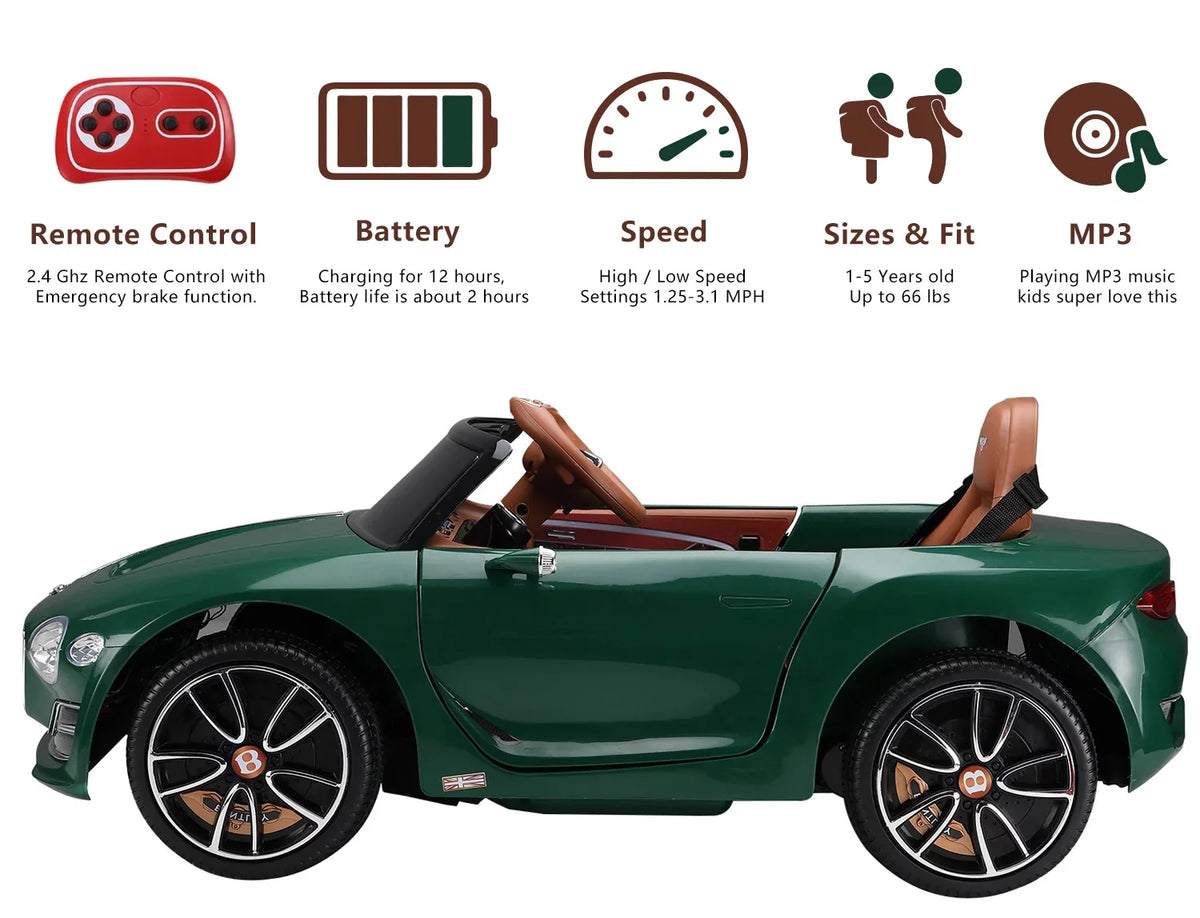 on Age Car Licensed Ride Boys 3+, Official Electric Remote Girls Ride for Music, with Car, Control, Car LISUEYNE on Bentley 12V Green