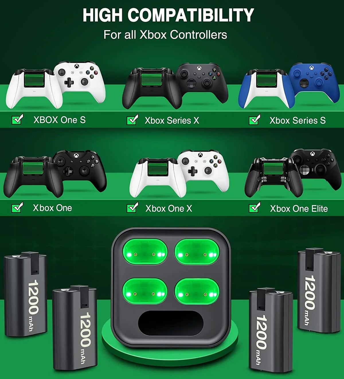 Pack EUROA with S/X/Elite-Black Battery Xbox for for Xbox Battery Rechargeable Controller 4x1200mAh Charger One Pack X|S/Xbox Xbox Series