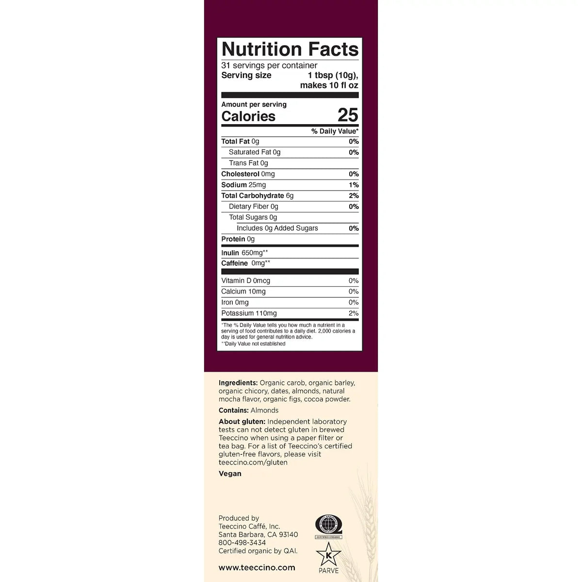 Teeccino (Pack ounce Medium Herbal Ground, Chicory 11 6) Coffee of Mocha Roast