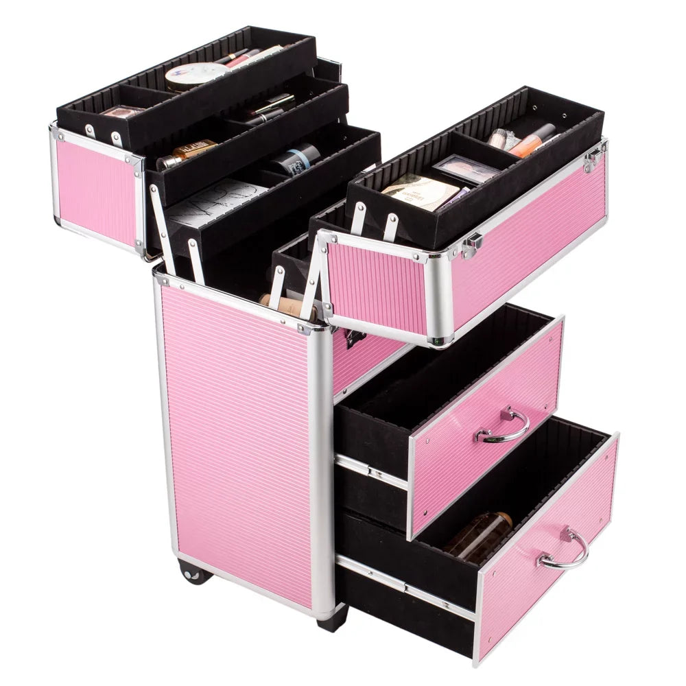 4 Pink Rolling Makeup Rolling Organizer Women, with Extendable Cases, Case Makeup Train for Tier Lockable Case Trays, Cosmetic Cosmetic WRWQ852 Cosmetic Wheels