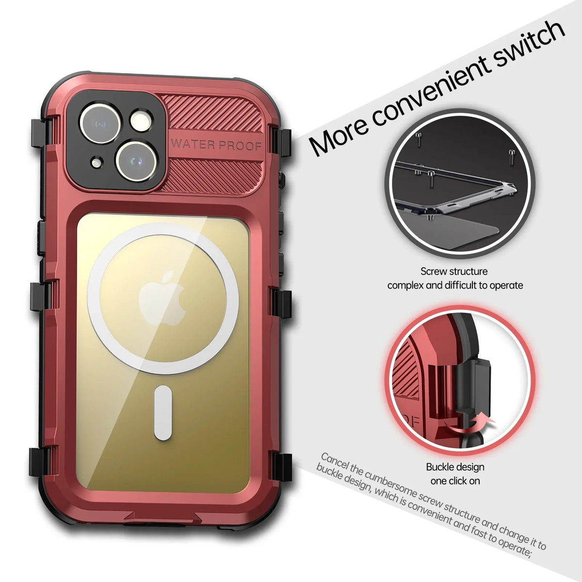 Full Built-in Protector,Underwater Protection Sturdy Pro Screen Lens Case iPhone with 15 for for Pro, Full-Body and iPhone Camera Dustproof 15 Cover Shockproof Waterproof Sealed Red