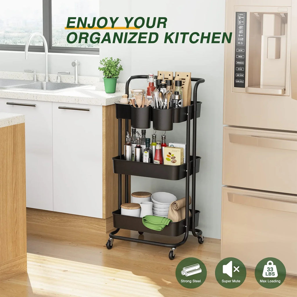 Storage Cart Black Rolling Organizer Multi-Functional with Multifunctional Office Living with for Annvchi Kitchen Wheels3-Tier, Trolley, Cart, Storage Utility Handle Storage Room Shelves