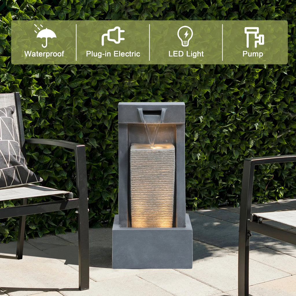 2-Column Gray Sculpture Resin Lights Fountain Outdoor LuxenHome with