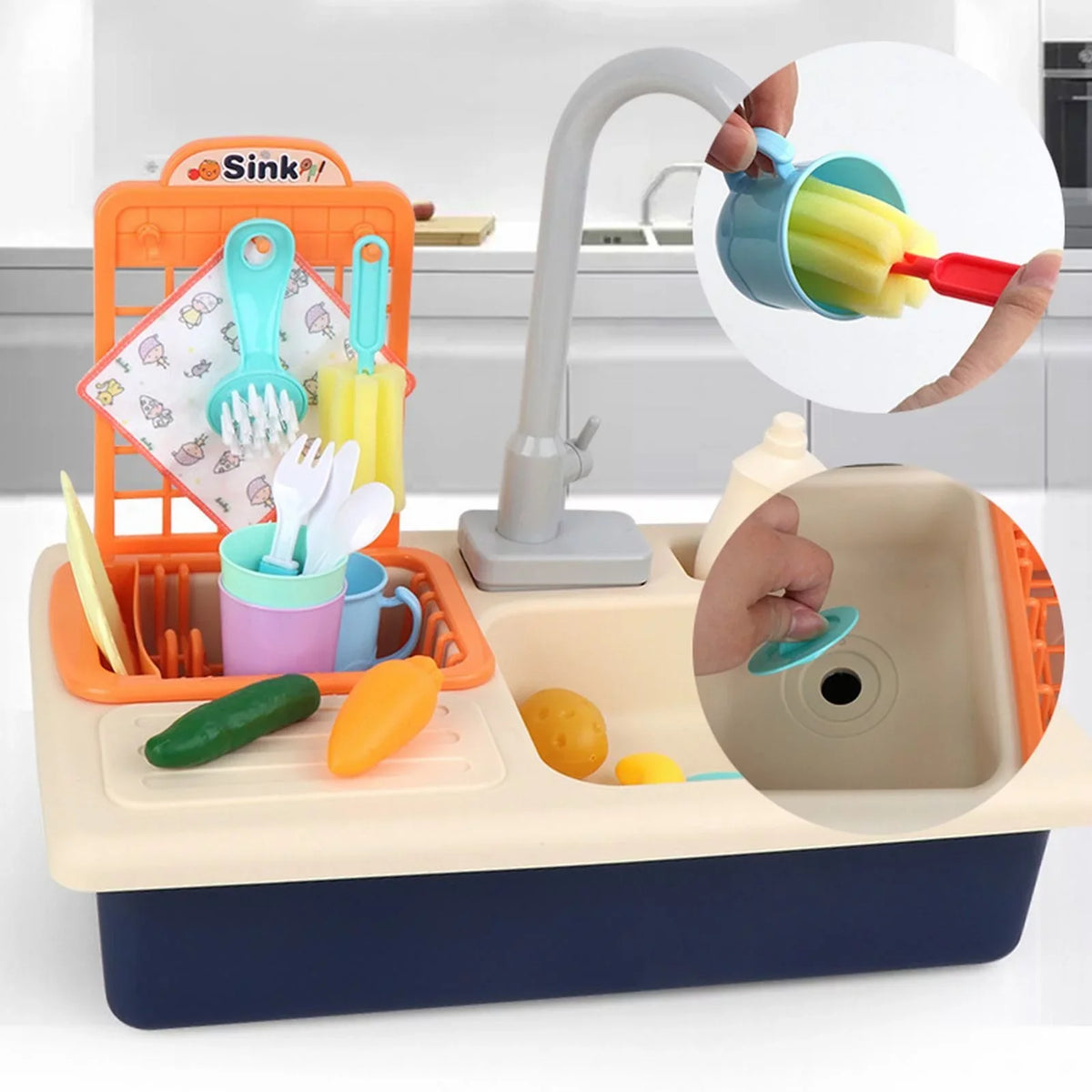 Play Kitchen for Running Role With System Sink Boys Children Play Alphabet Playing Cycle Pretend Electric Toddlers Toys Girls House Toys Dishwasher Toy Automatic Water for Water Game Board Board