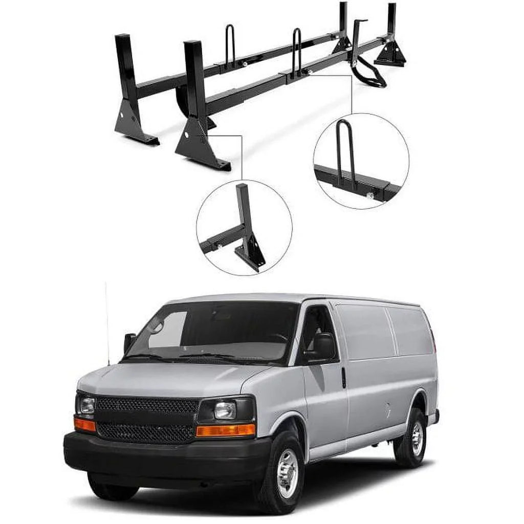 Kojem Vans Rack GMC Rack for Adjustable Roof Steel Savana Mount 68"-75" Ladders Carry 2 Ford Bars Universal Full-Size Express E-Series Chevy