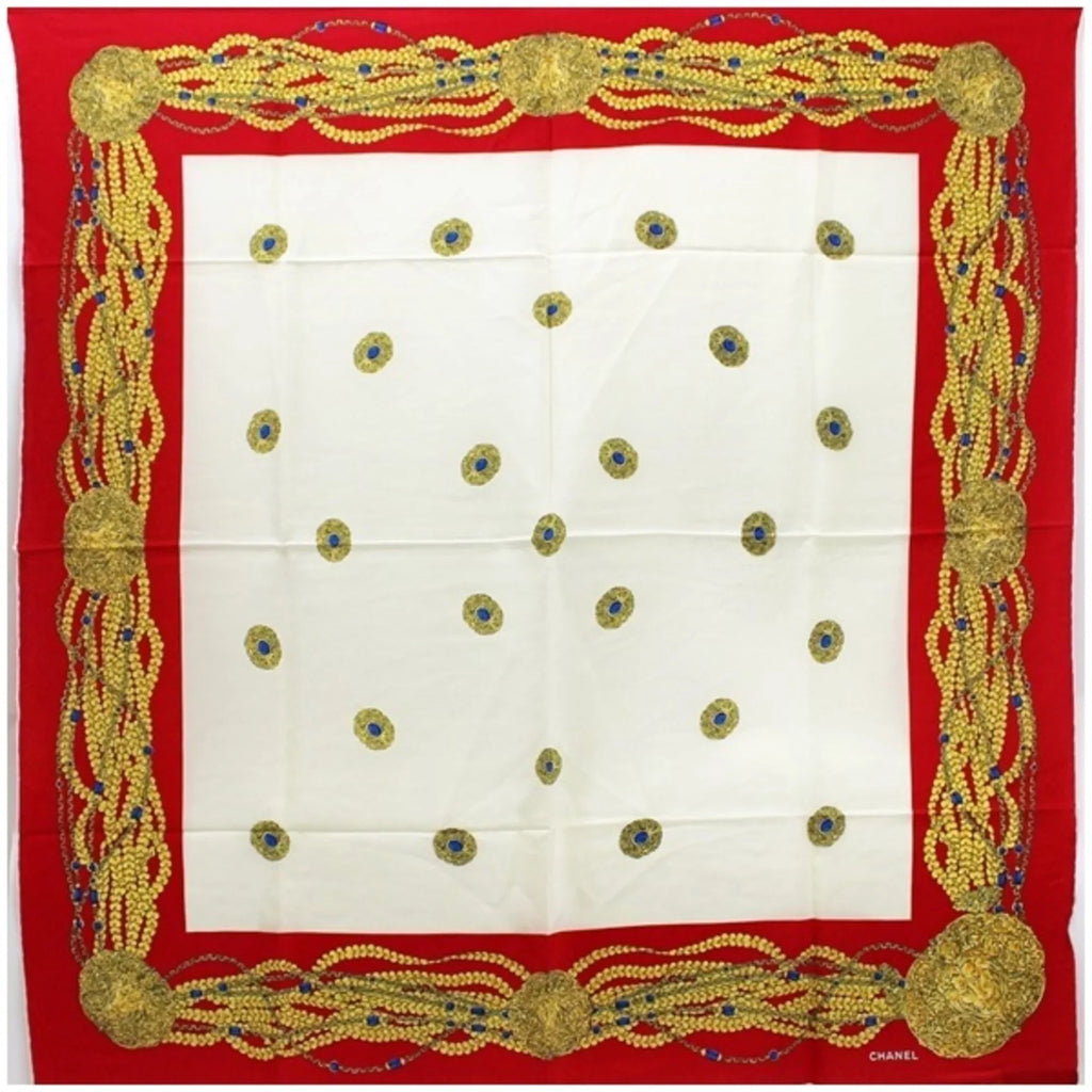 Red Pattern Chain Ladies | x Chanel (Good) CHANEL Silk Scarf Pre-Owned Muffler Ivory