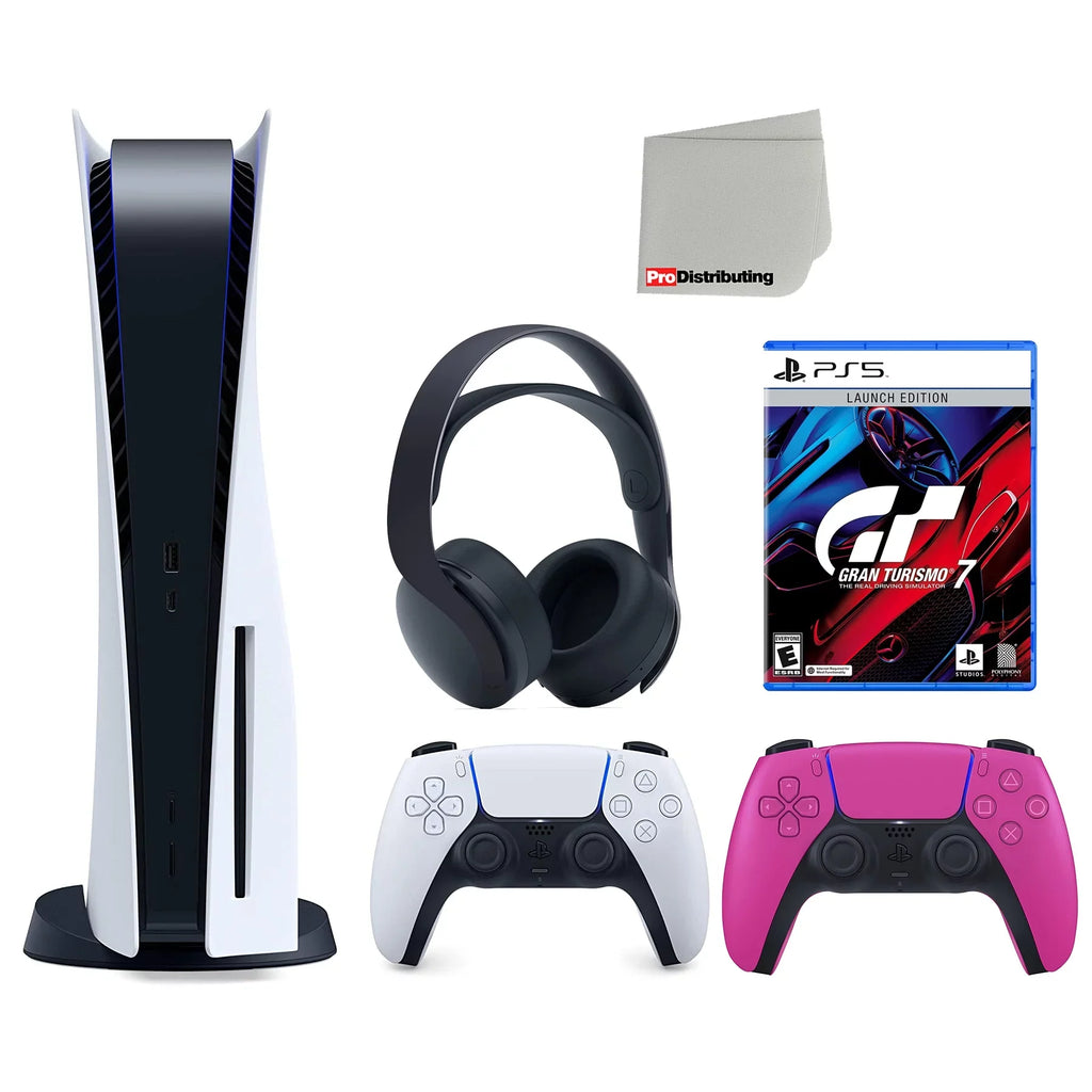 Controller, 3D Cleaning Extra (PS5 Launch PULSE Disc Cloth 7 Bundle Pink Edition and Sony with Gran Headset with Turismo 5 Disc) Black Playstation