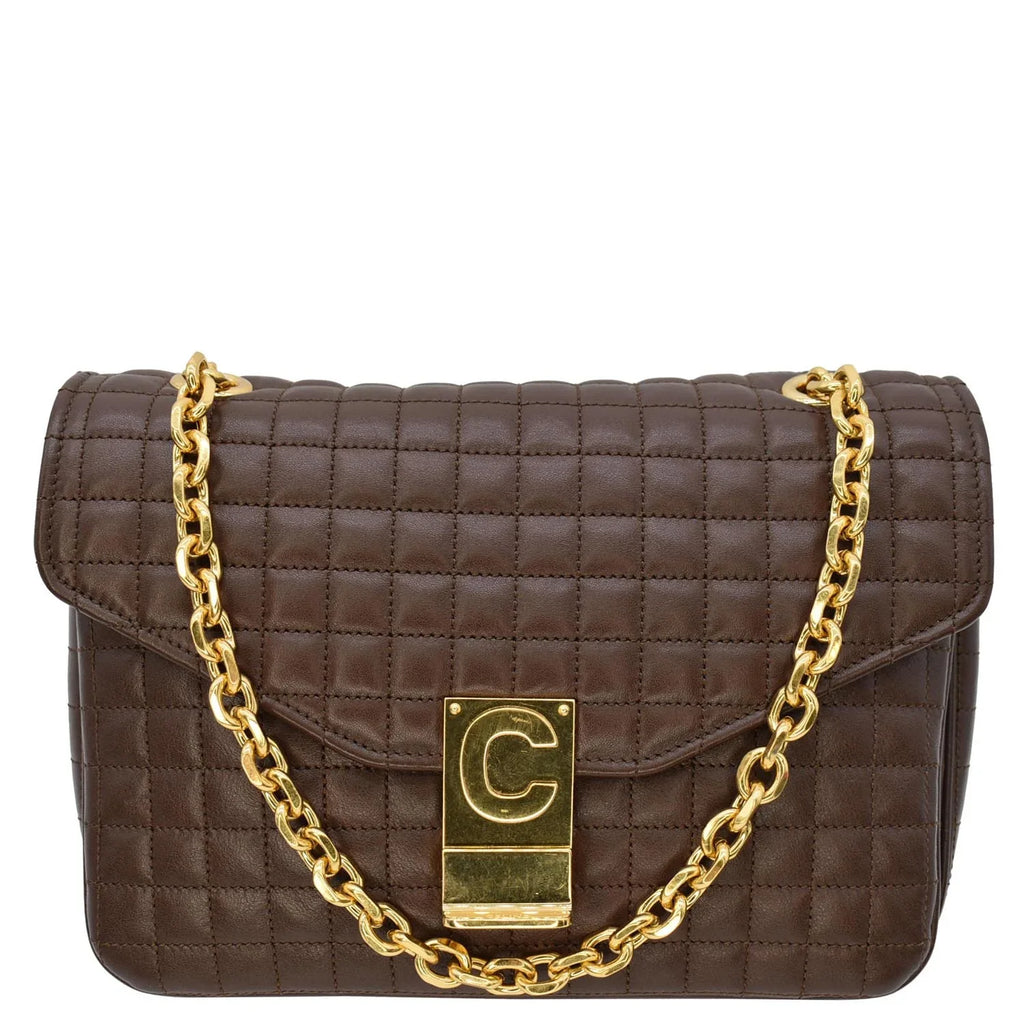 Bag C Medium Pre-owned Leather Crossbody Quilted CELINE Khaki