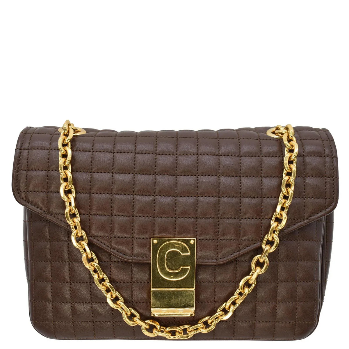 Bag C Medium Pre-owned Leather Crossbody Quilted CELINE Khaki