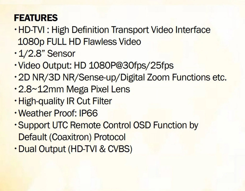 DC, LED 2MP IR Outdoor HD-TVI Camera, 42 2.8-12mm, Eyemax 12V TIR-1412V-B Bullet Sense-up