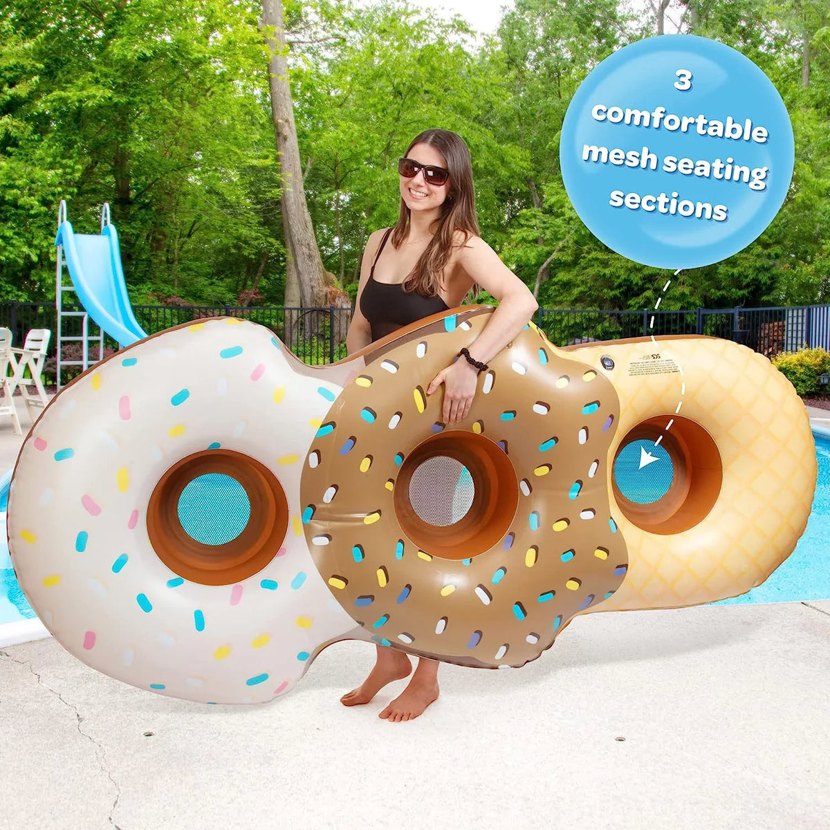 '- Aquamazing Swimming - Cream 3 Giant Inflatable Perfect 7 Huge Cone Kids, Adults- Ice Summer for XL People for Long Pool Ft Tube Sections Float Mesh Seats