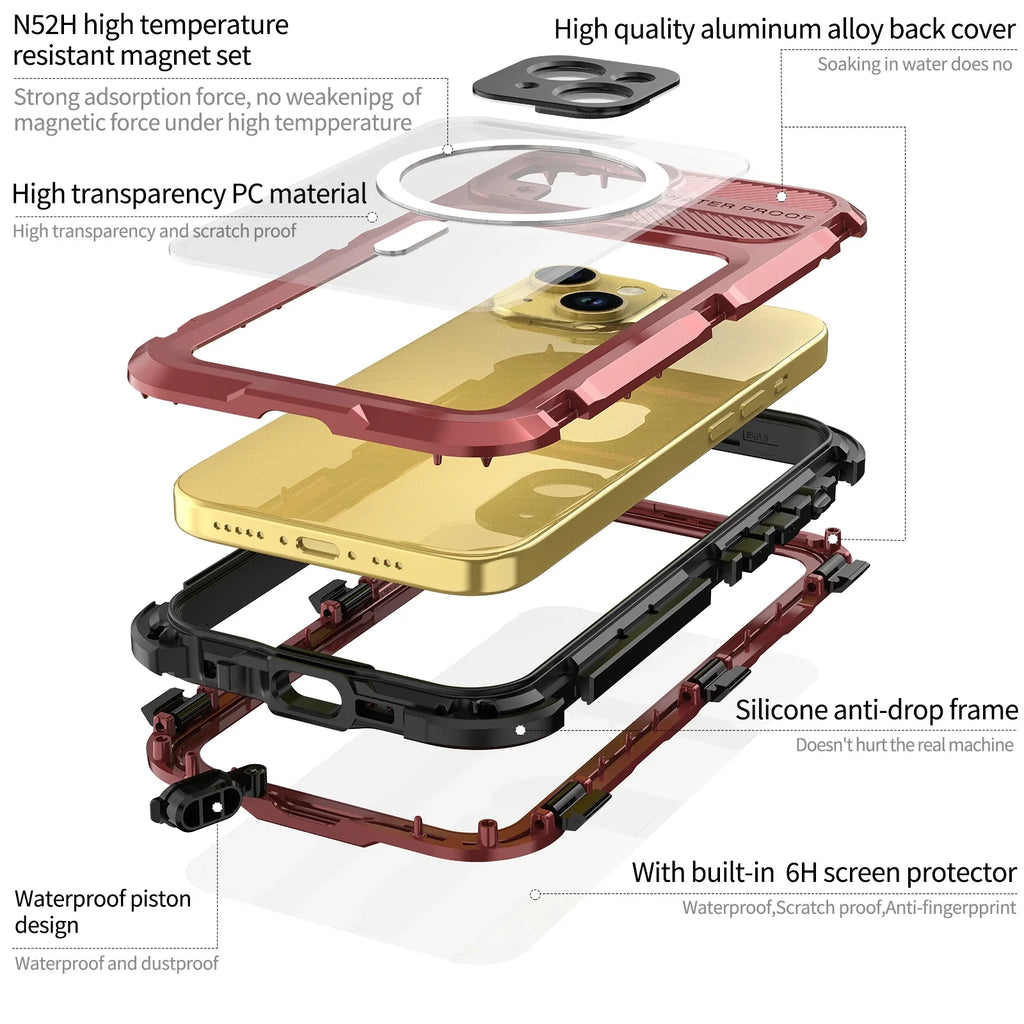 Full Built-in Protector,Underwater Protection Sturdy Pro Screen Lens Case iPhone with 15 for for Pro, Full-Body and iPhone Camera Dustproof 15 Cover Shockproof Waterproof Sealed Red