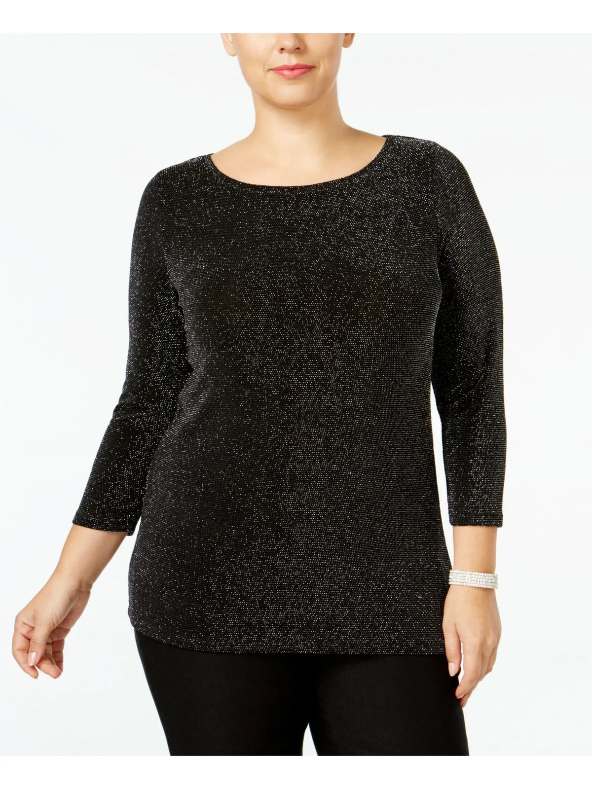 Boat Womens MICHAEL 3/4 Metallic 2X Plus Neck Sleeve Sweater KORS Black