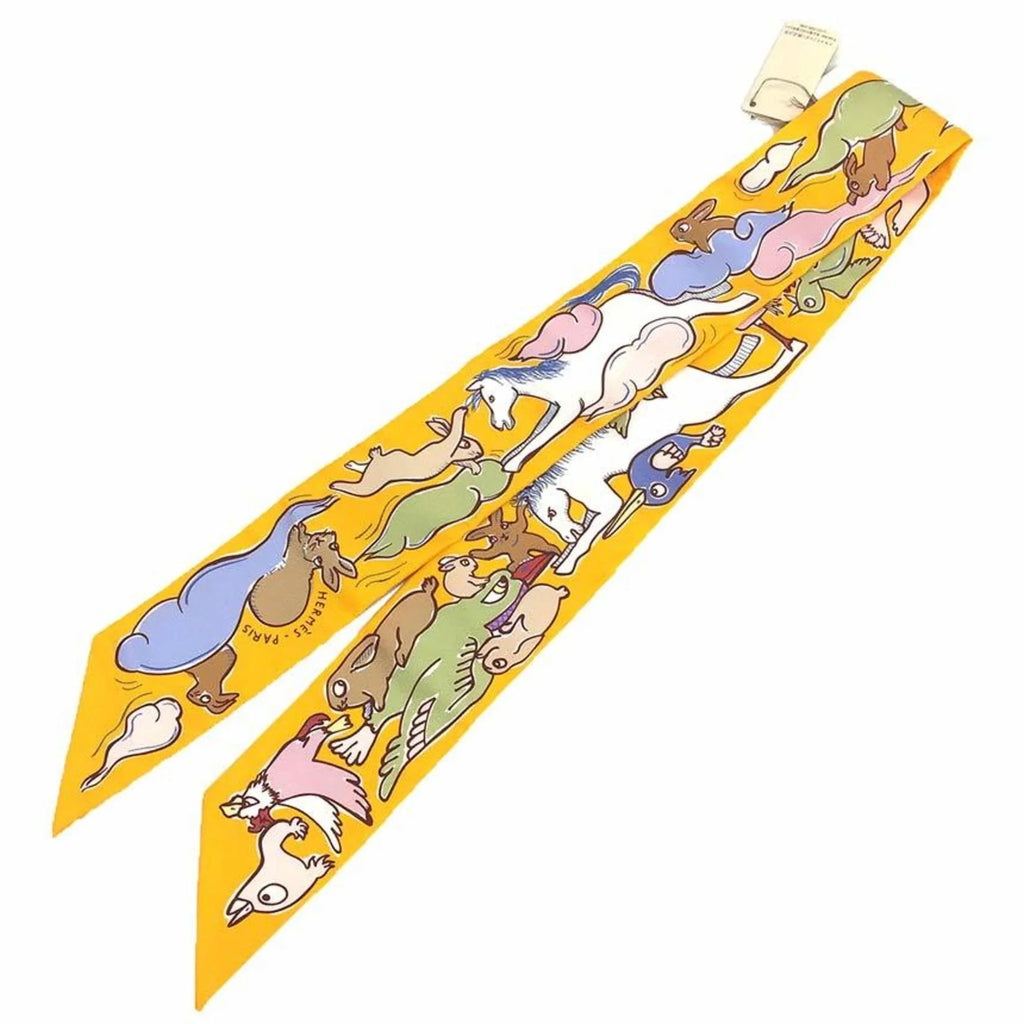 Un Mille HERMES Hermes Muffler Rabbits et Lapins D’or/Parm/Beige and Bouton Scarf 2023 Twilly 04 Thousand One Pre-Owned 100% (Like Silk New) H064007S