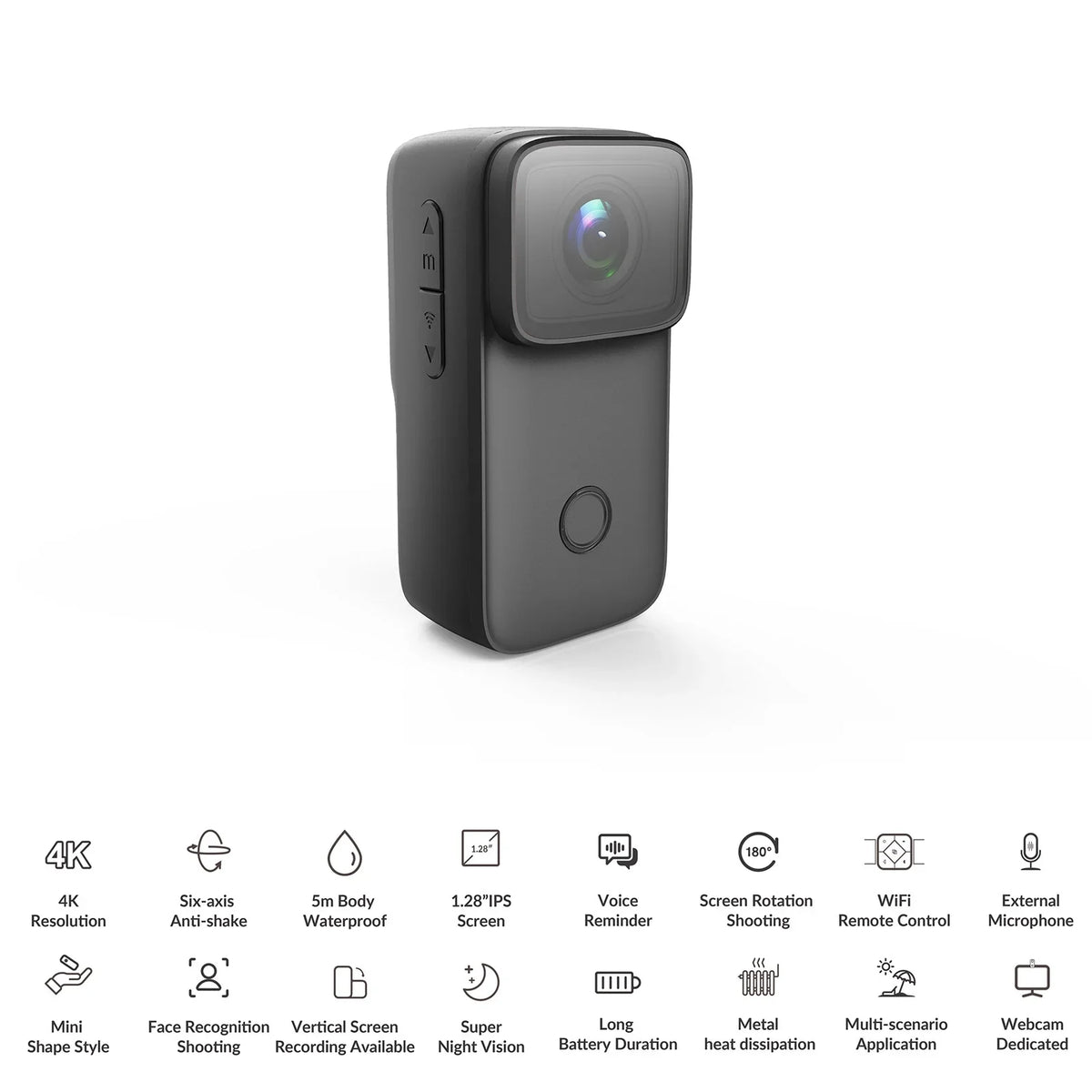 WiFi Vision with Action Rechargeable 4K Built-in IPS Face 1.28 Body Supports Battery Night Inch Anti-Shake 5M Recognition 6-Axis C200 Waterproof Camera Screen Mini SJCAM
