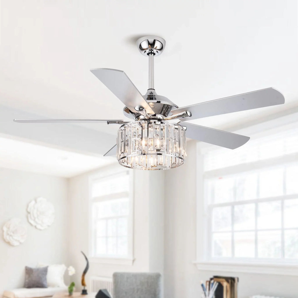 Chrome Crystal 5-Blade Remote Uncle 52" Wooden Modern Parrot Ceiling Fan with