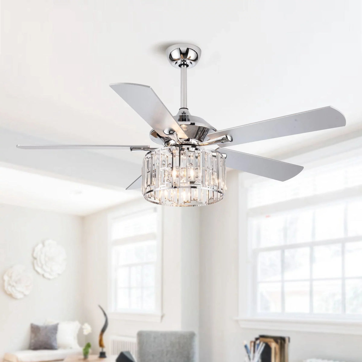 Chrome Crystal 5-Blade Remote Uncle 52" Wooden Modern Parrot Ceiling Fan with