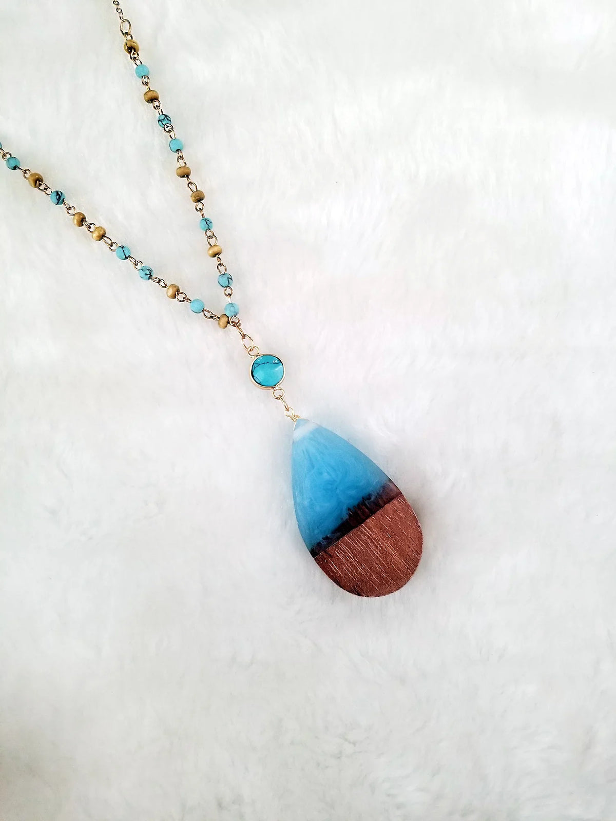 Anniversary Resin Wood Boutique | Necklace Wood Women, Gift Chain Tenes Beaded Blue Box Pendant Inc Aqua for