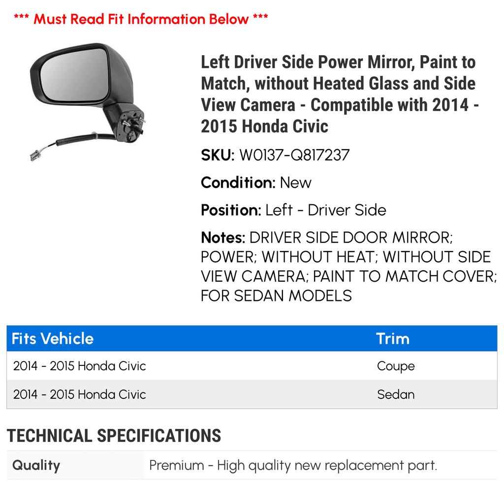 Heated with to Side and Paint Power Mirror, without - Camera Glass Civic Honda 2015 Side Left Compatible View Match, - 2014 Driver