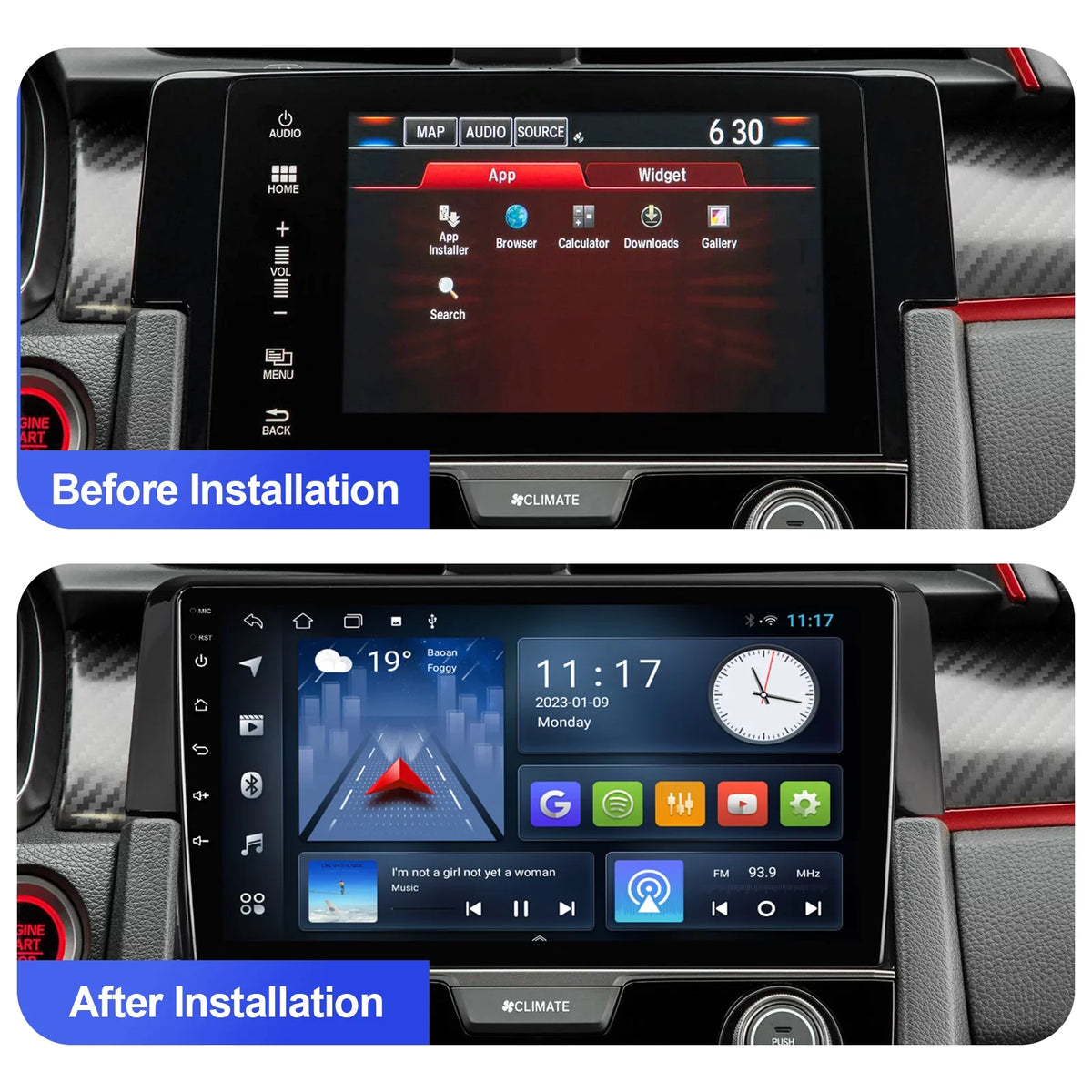 Built-in Inch with for Control 10 Wheel Auto/GPS/Bluetooth/FM/AUX-in/Steering Radio Double Car 9 2+32G Touchscreen 2016-2020 Stereo Civic Wireless Honda Carplay/Android Backup Android Din Camera