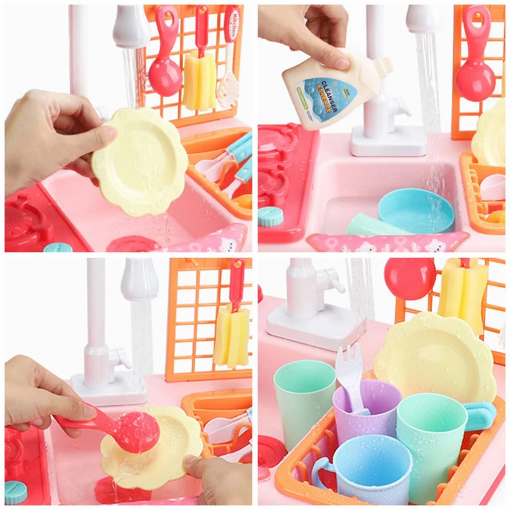 Play Kitchen for Running Role With System Sink Boys Children Play Alphabet Playing Cycle Pretend Electric Toddlers Toys Girls House Toys Dishwasher Toy Automatic Water for Water Game Board Board