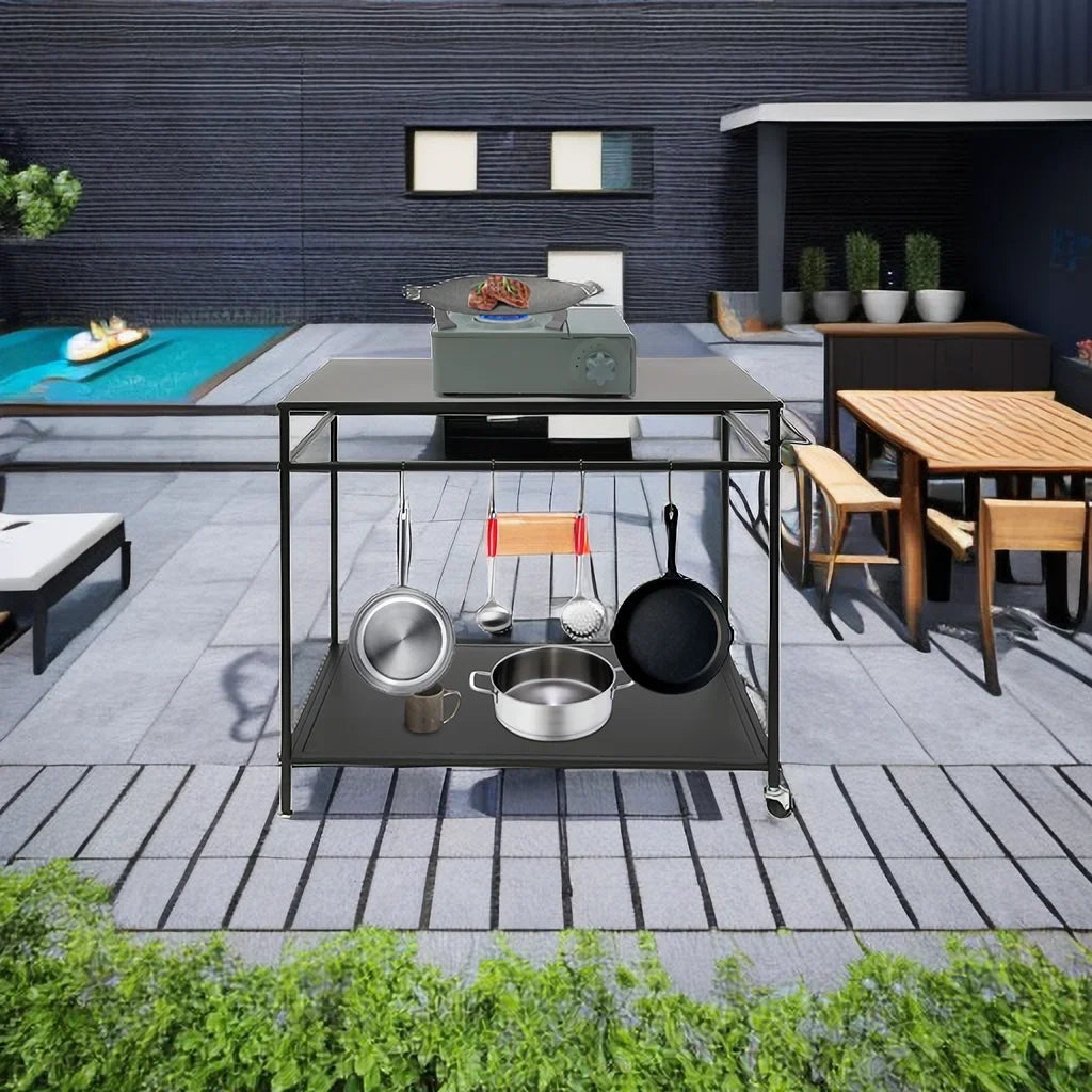 Movable Cook Outdoor Food Serving Station 2-Tier Grill Table Rack Shelf Cart BBQ Prep