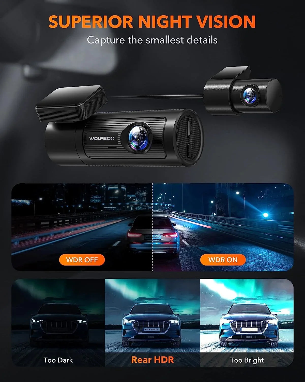 WDR, 1080P Cam & Vision, with Front Loop 32G DashCam with and Dash UHD Free Night Recording Dashcam Rear, 4K WOLFBOX Front GPS WiFi, and Card, Rear Car