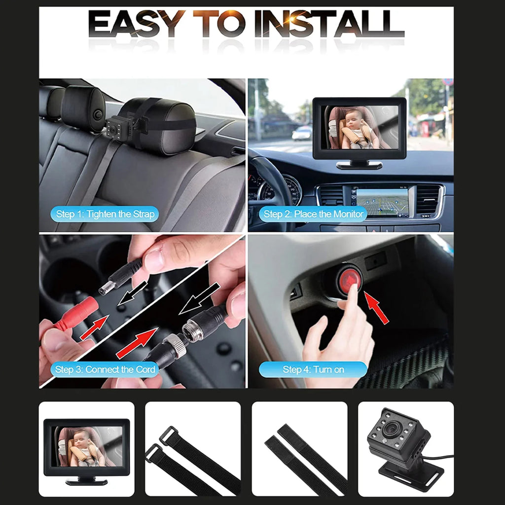 Car Facing Car Arealer Wide Mirror Car Monitor Seat 150° Rear Installation 1080P Display Monitor Seat View 4.3 for Easy Inch Mirror