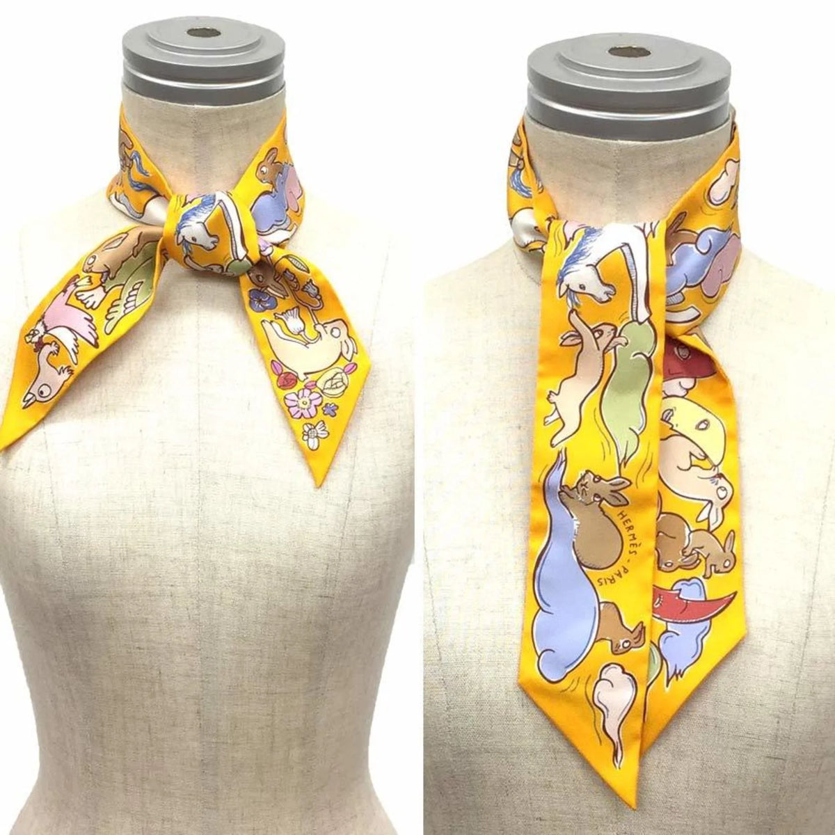 Un Mille HERMES Hermes Muffler Rabbits et Lapins D’or/Parm/Beige and Bouton Scarf 2023 Twilly 04 Thousand One Pre-Owned 100% (Like Silk New) H064007S