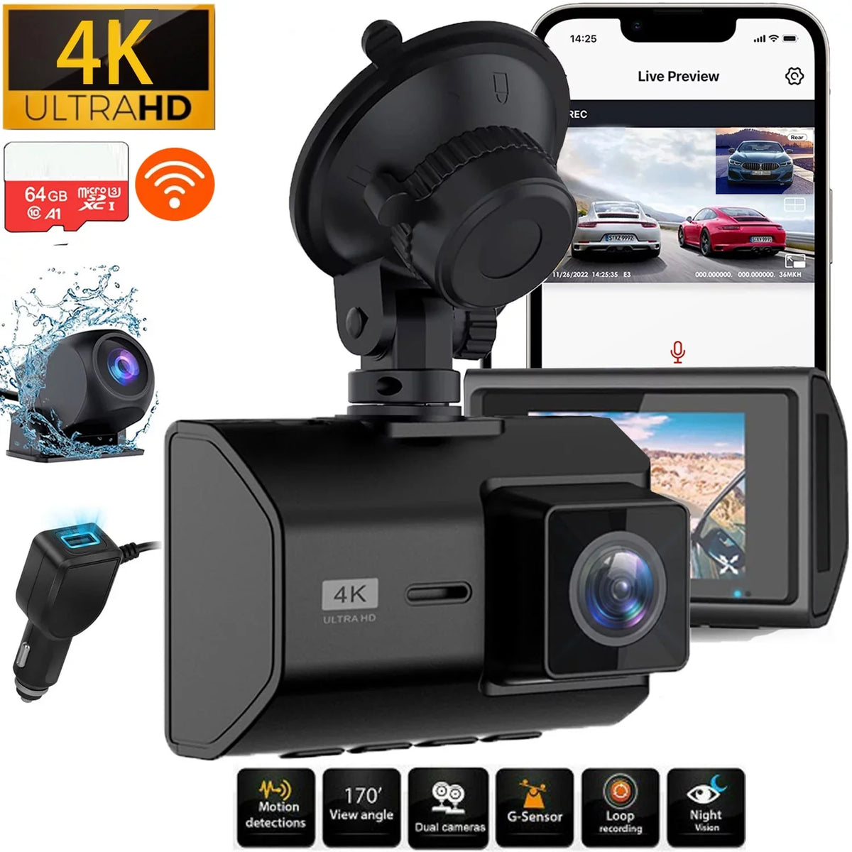 for Vision, SD Dash Mode, Inch Cam 2 Wide Front WIFI, with Rear 4K Night and Camera SD Recording, Card, Angle, Dash Dash Dual Cam Card GPS Loop Included 64GB Parking with Cars,
