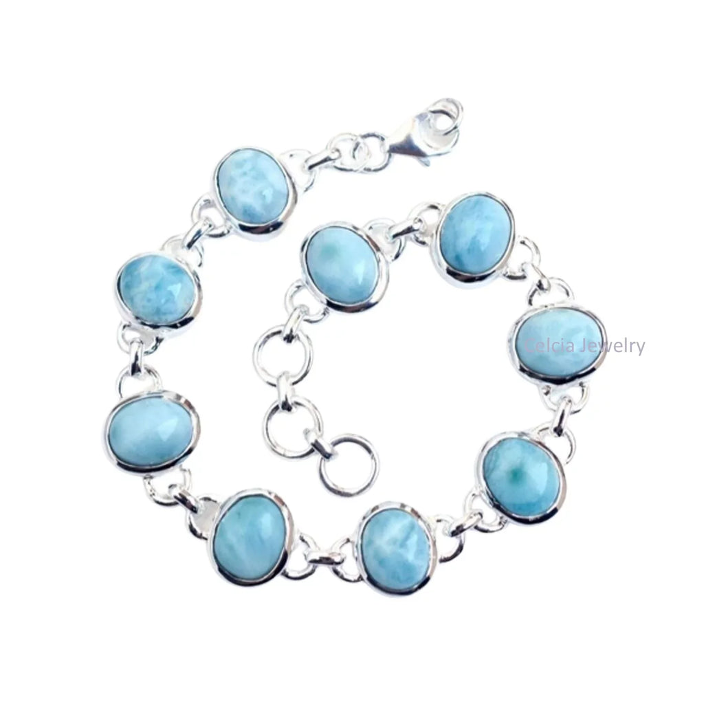 Sterling Women, For Solid Larimar For Her Him Bracelet Oval Bracelet Men Multiple Genuine Blue 925 Gemstone Unique Silver Handcrafted