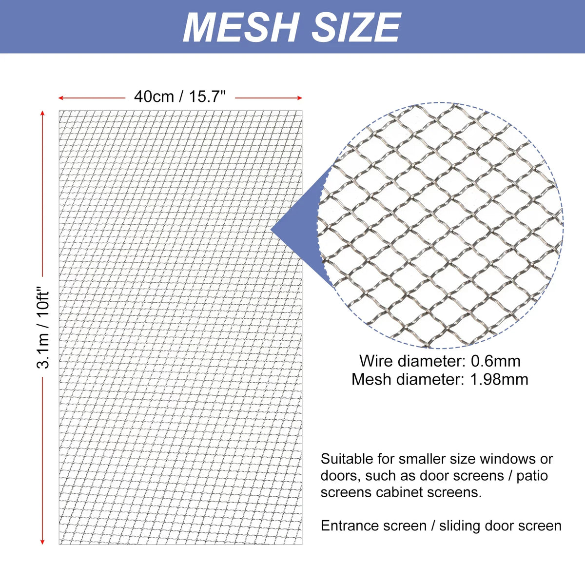 Screen Air for Replacement Woven Screen, Window Door Stainless Mesh Vent Screen Wire 304 Steel Mesh