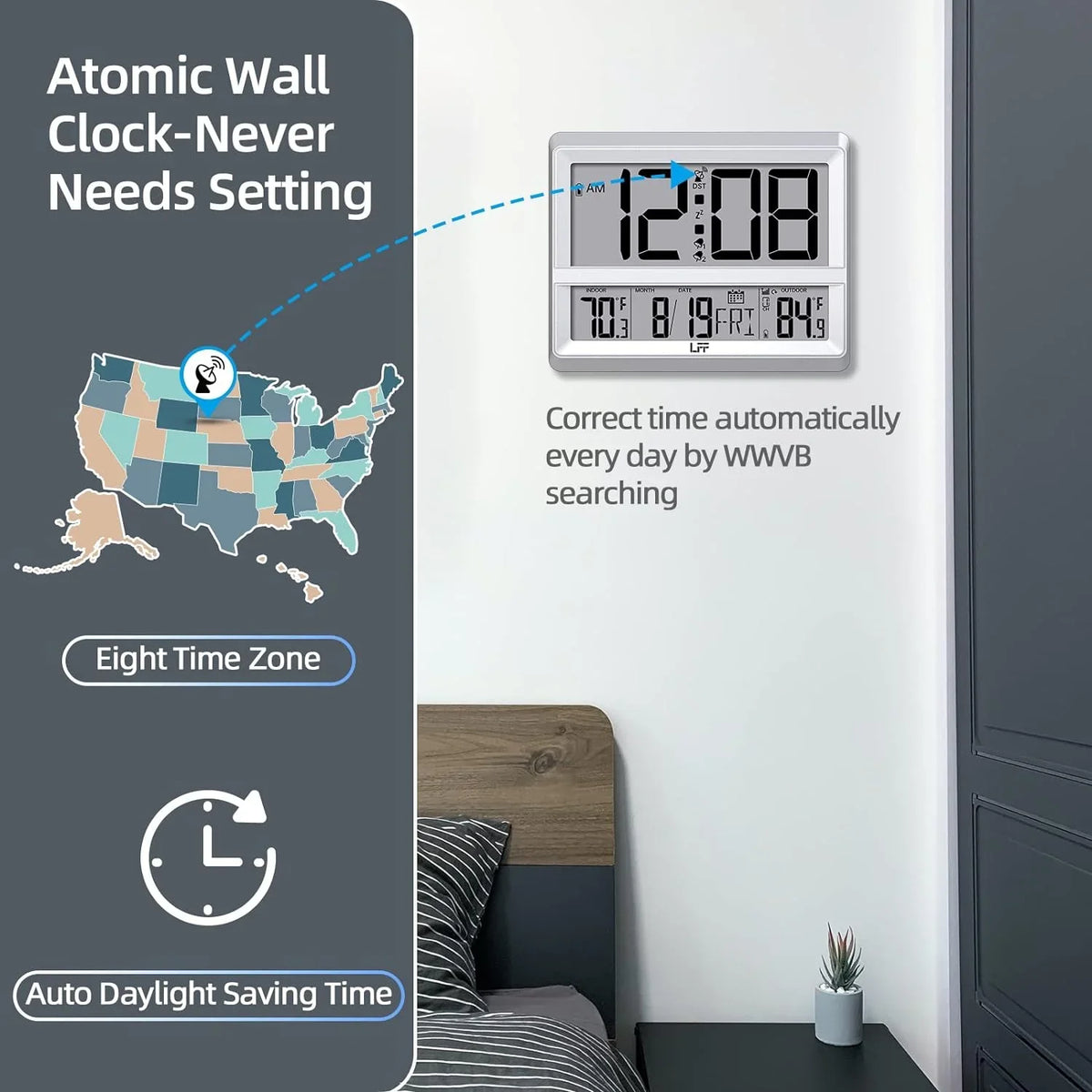 Digital Outdoor Display, Wall with Outdoor Sensor, Clock Bedroom, Indoor for Clock Wireless Atomic Read, Temperature and Sliver Alarm Large Desk to Clock Easy Date, Digital