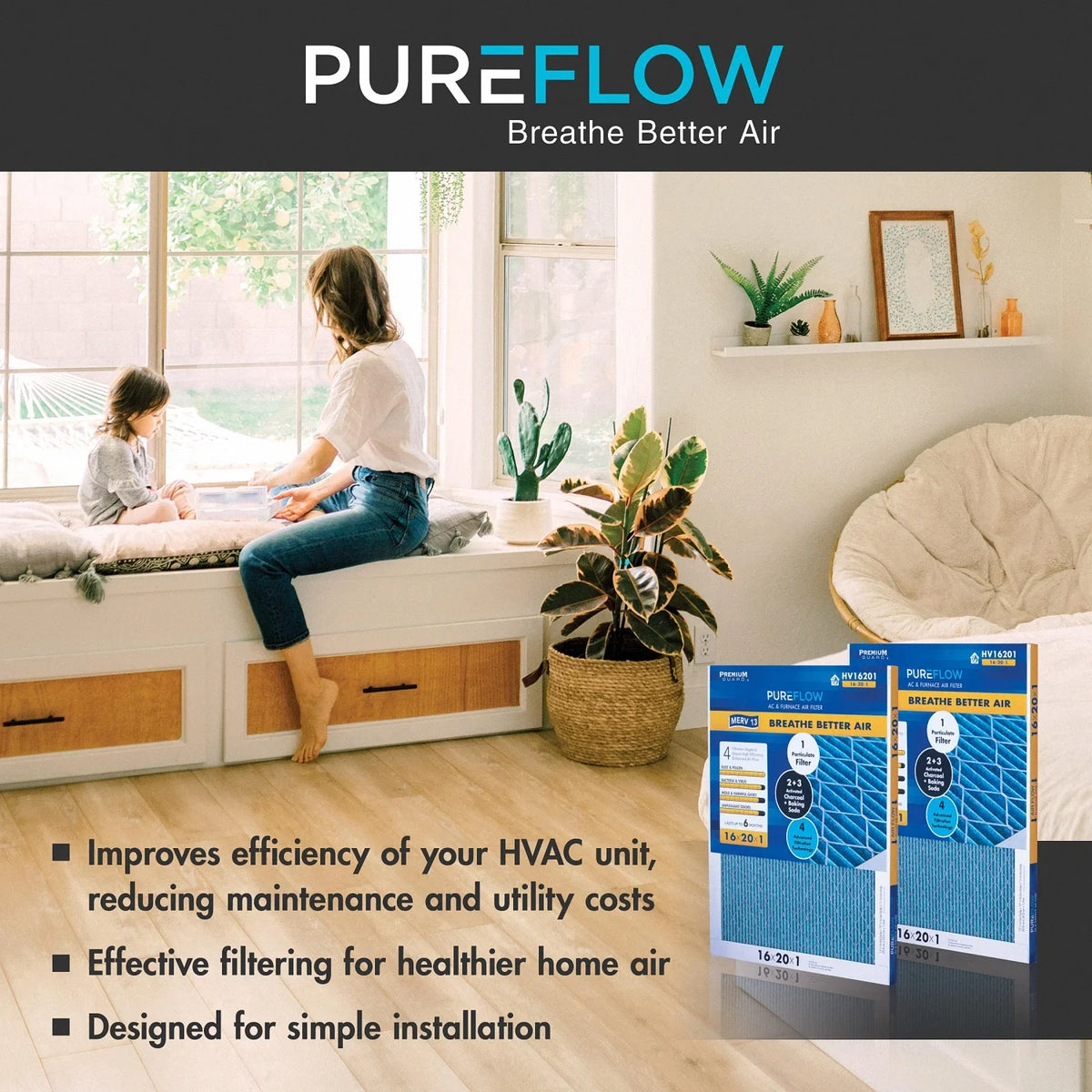 Furnace MERV-13 Home Air of Pack-of-2 Technology, PureFlow, Advanced 4 20x25x4, with Layers Filter Filtration