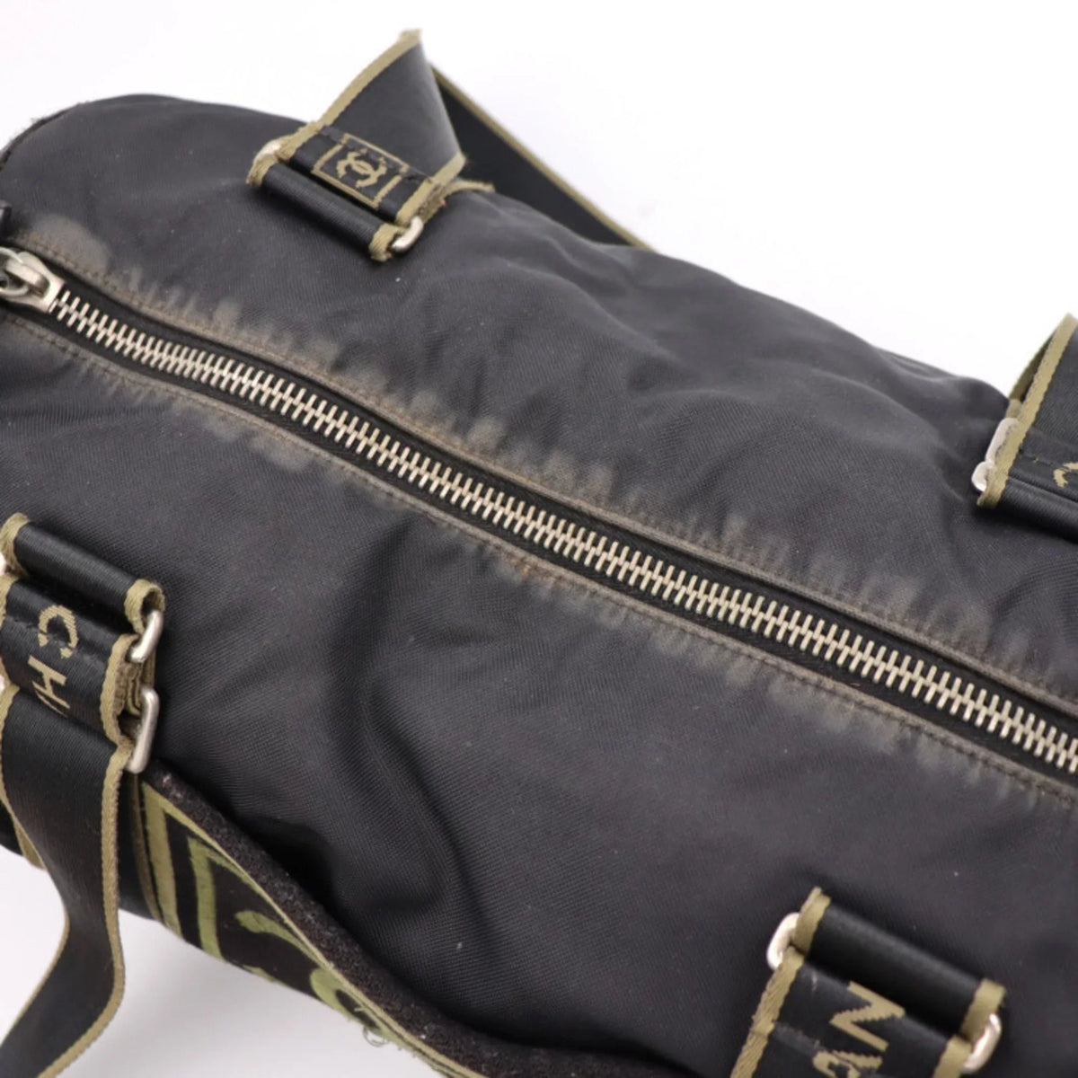 Sport Line Nylon Round Cocomark Khaki Travel Canvas Series Chanel Cylindrical Green 10 Black Shoulder Boston (Fair) Bag Pre-Owned CHANEL