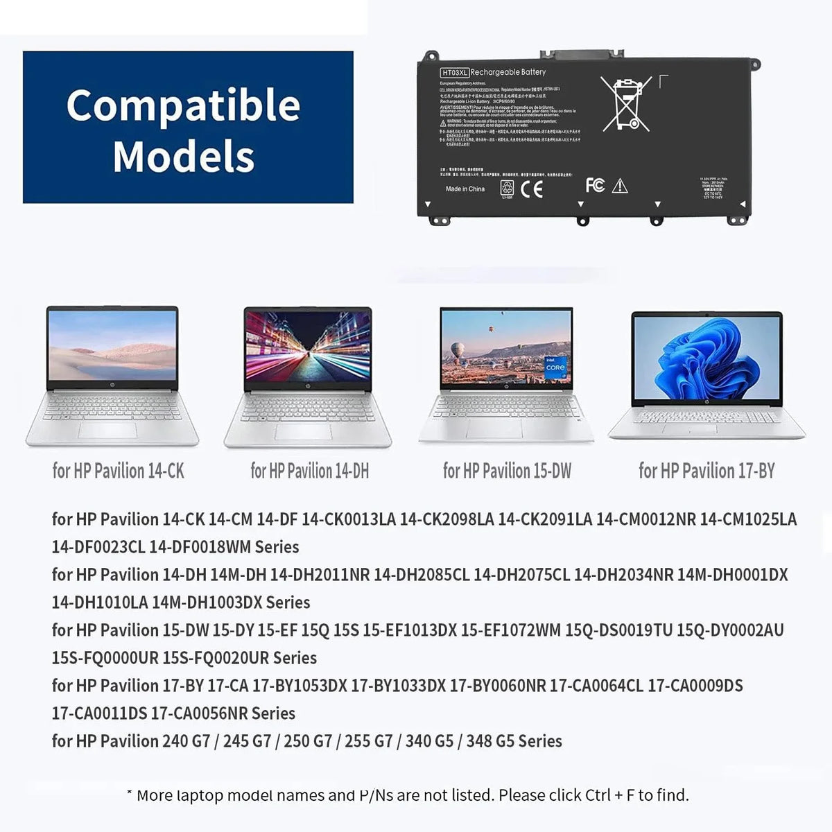 245 14-CE 41.7Wh 14-CK 15-CS 14-CK0001LA Laptop HT03XL 240 14-CK0061ST HP Pavilion 14-DQ G7 for y L11119-855