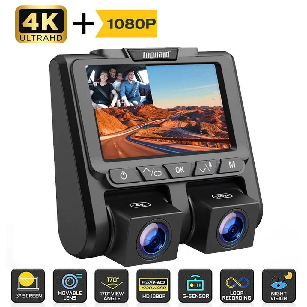 Parking Car Screen Front 3" 4K+1080P TOGUARD G-Sensor Loop Mode Inside and Camera LCD Cam Dash Dash 4K Recording Camera