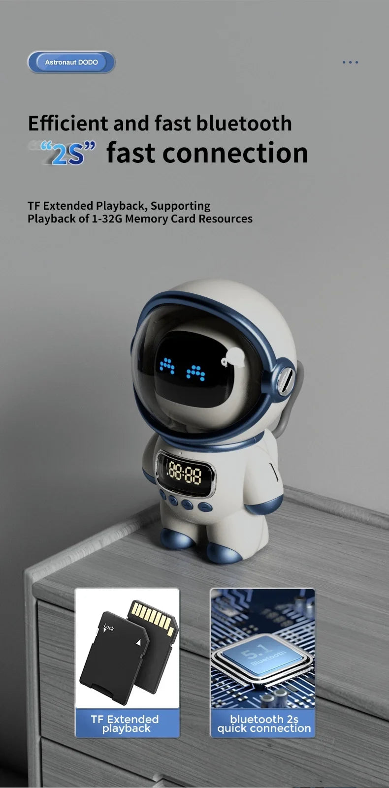 Alarm, FM Clock, TF Astronaut-Shaped Card Night Bluetooth with Smart Support Light Radio, Sleep Speaker and