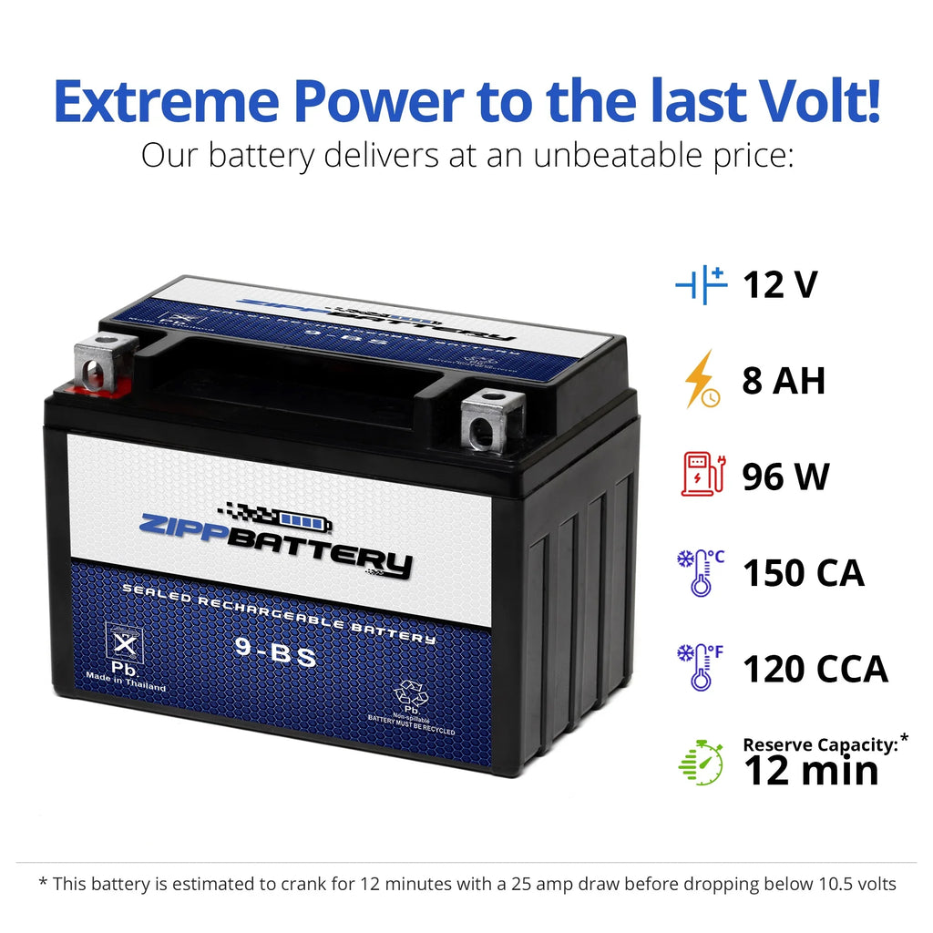 Motorcycle Volt,8 1995 Zipp Yamaha 12 120 for Ah, Battery Battery 600cc CCA) Xt600e YTX9-BS (9-BS