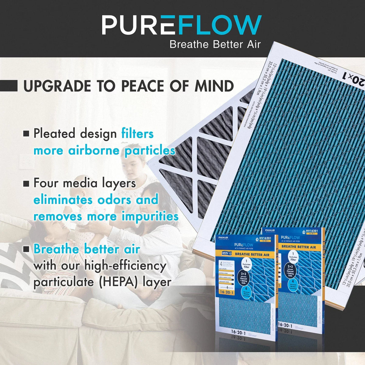 Furnace MERV-13 Home Air of Pack-of-2 Technology, PureFlow, Advanced 4 20x25x4, with Layers Filter Filtration