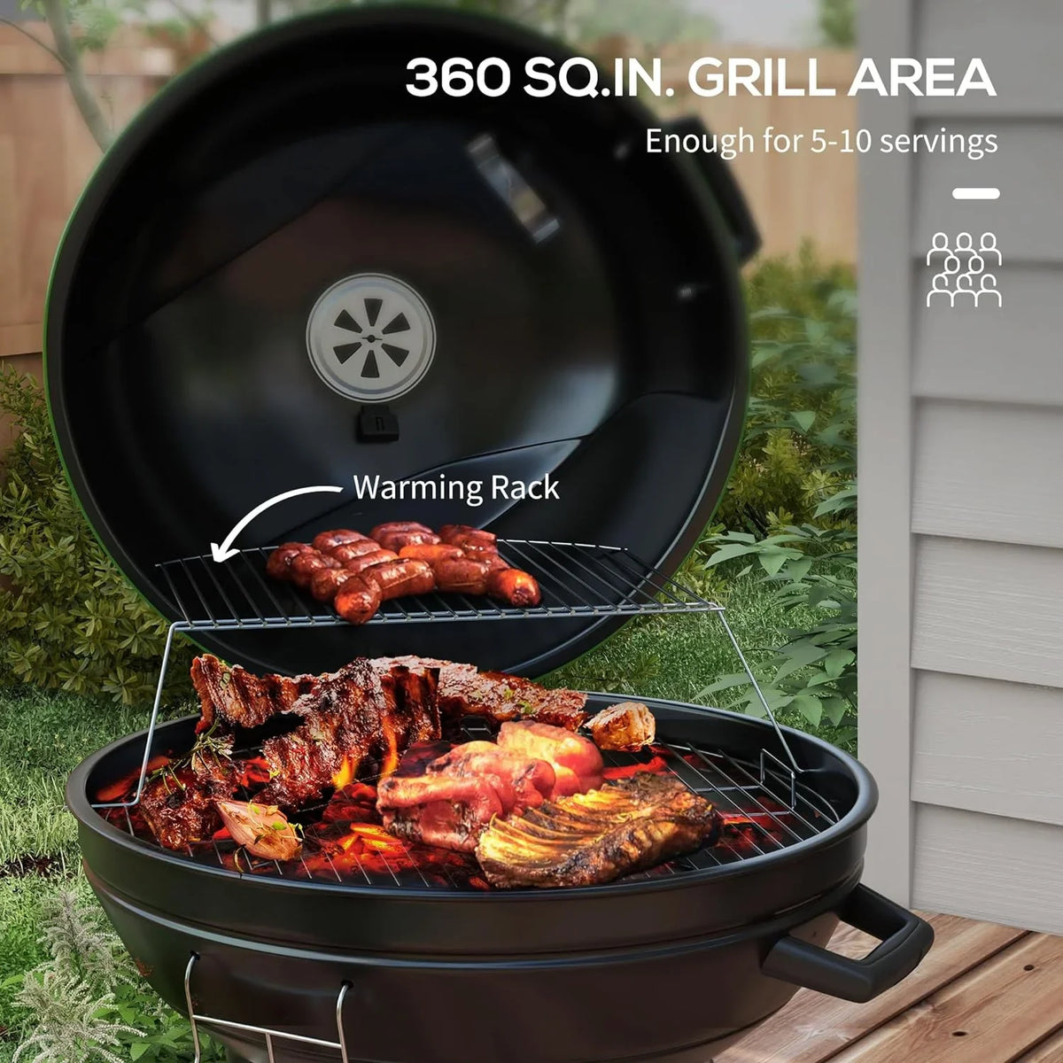 sq.in. Cooking Kettle Catcher Outdoor 21" Patio, Built-in Trolley Area, Thermometer and Barbecue with Backyard BBQ Shelf, Grill Green 360 with Wheels, Party, Charcoal for Ash