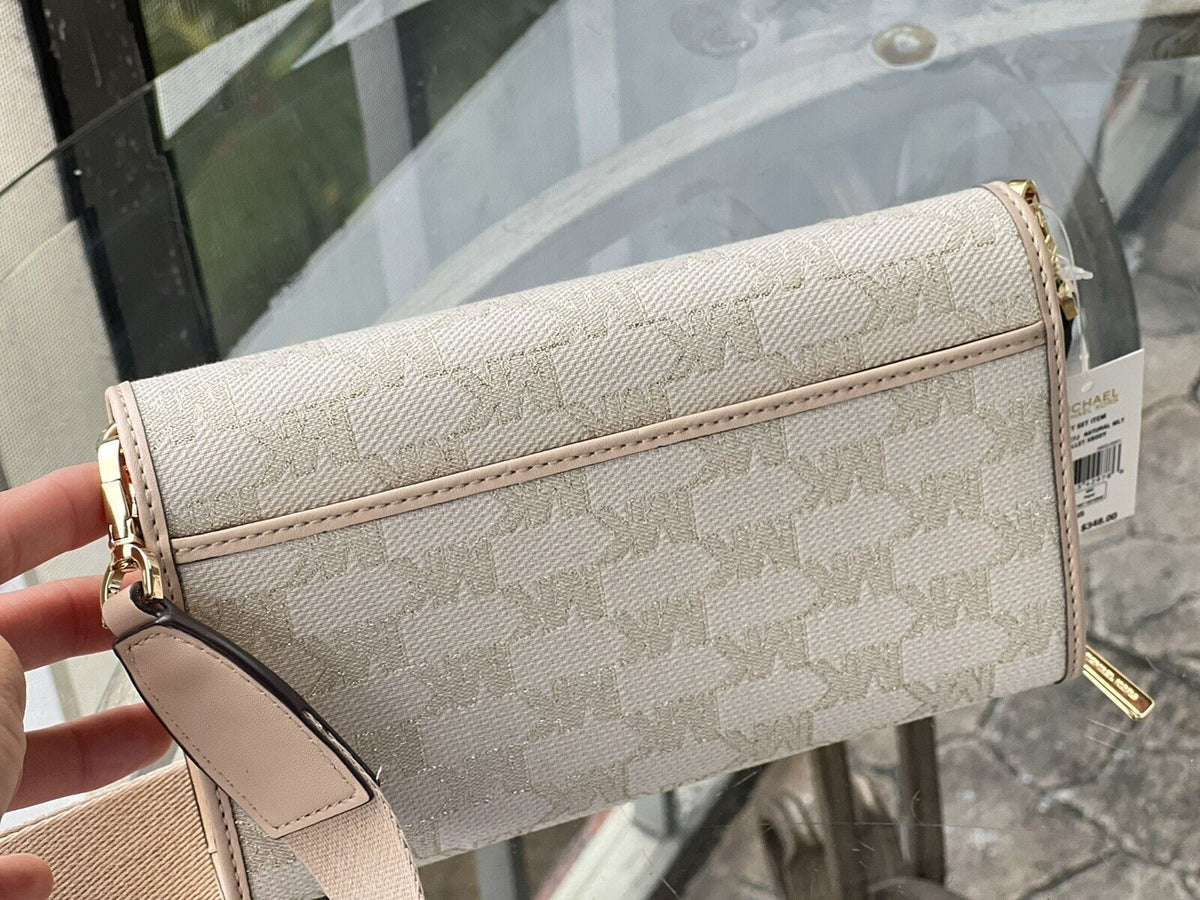 MK Kors Glitter Crossbody Set Zip Gold Natural Wallet Bag Michael Around Jet LG